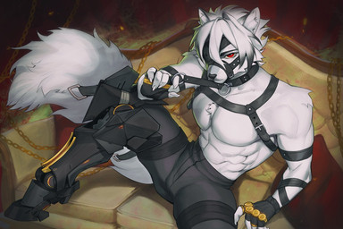 abs anthro arm_tuft bottomwear chest_tuft clothed clothing collar collarbone eye_patch eyebrows eyelashes eyewear fingerless_gloves fur furniture gloves handwear harness male muscular pants pillow red_eyes shoulder_tuft sofa solo tail topless tuft white_body white_fur vagabondbastard mihoyo zenless_zone_zero von_lycaon canid canine canis mammal thiren wolf 2026 hi_res