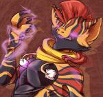 anthro anthrofied beelzemon_(artist) bust_portrait fan_character gael_the_scrafty generation_5_pokemon glowing glowing_eyes licking licking_lips licking_own_lips magic male mohawk nintendo pokemon pokemon_(species) pokemorph portrait scarf scrafty self_lick solo spell stripes tongue tongue_out