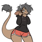 anthro big_tail biped blush bottomwear brown_body brown_fur claws clothed clothing dolphin_shorts embarrassed female flat_chested fur grey_clothing grey_hair grey_hoodie grey_horn grey_topwear hair hiding_face hoodie horn open_mouth orange_eyes red_bottomwear red_clothing red_shorts shorts simple_background solo tail topwear white_background wide_hips manitka manitka_(character) bovid bovine cattle mammal 1:1 2024 digital_media_(artwork) hi_res