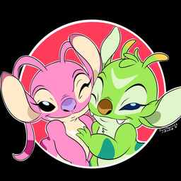 antennae_(anatomy) antennae_markings anthro arm_markings back_markings big_ears black_background black_eyes blue_eyes brown_nose chest_tuft closed_smile cute_fangs dipstick_antennae duo eyebrows eyelashes fangs female fur hand_on_chest head_tuft long_antennae looking_at_viewer markings mouth_closed multicolored_antennae one_eye_closed outline pink_body pink_fur purple_markings purple_nose simple_background smile tan_body tan_fur tan_inner_ear teal_markings teeth text tuft white_markings white_outline conditional_dnp digitaldomain123 disney lilo_and_stitch angel_(lilo_and_stitch) bonnie_(lilo_and_stitch) alien experiment_(lilo_and_stitch) 2025 absurd_res artist_name digital_drawing_(artwork) digital_media_(artwork) hi_res signature