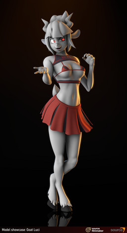 anthro bottomwear breasts cheerleader_outfit clothed clothing female skimpy skirt smug solo swimwear text jacob_lhh3 aeridiccore_(modeler) helltaker goat_lucifer_(helltaker) bovid caprine goat mammal 3d_(artwork) absurd_res digital_media_(artwork) english_text hi_res