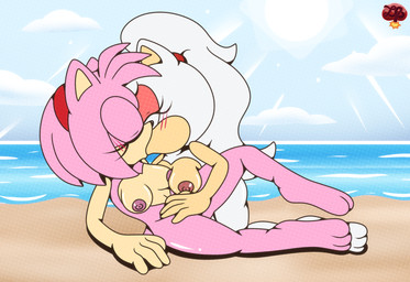 accessory anthro beach big_breasts blush breasts canon_x_oc duo eyes_closed eyeshadow feet female female/female grey_body hair hair_accessory hairband kissing makeup nude nude_female ponytail sea sky skyscape sun water ladycherrybomba sega sonic_the_hedgehog_(series) amy_rose fan_character eulipotyphlan hedgehog mammal hi_res