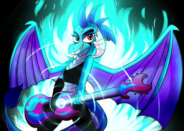 anthro blue_body blue_scales clothing electric_guitar fangs female fire guitar horn membrane_(anatomy) membranous_wings musical_instrument piercing playing_guitar playing_music plucked_string_instrument scales solo string_instrument tail tail_tuft teeth tuft wings amarcato friendship_is_magic hasbro my_little_pony mythology princess_ember_(mlp) dragon mythological_creature mythological_scalie scalie 2016 hi_res