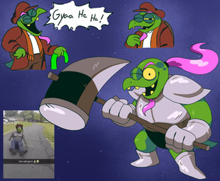 anthro armor briefs clothing eyebrows green_body hair hammer laugh long_hair male mature_male pink_hair ponytail solo thick_eyebrows tools unconvincing_armor underwear warhammer jam_as_day_(artist) deltarune undertale_(series) gerson_boom_(deltarune) reptile scalie turtle absurd_res hi_res multiple_scenes