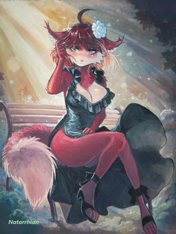 anthro bench blush bottomwear breasts cheek_tuft clothed clothing detailed_fur ear_tuft ears_down eyelashes eyeshadow facial_tuft female fluffy fluffy_ears fluffy_fur fluffy_tail footwear frilly frilly_bottomwear frilly_clothing frilly_skirt fur glistening glistening_eyes hair high_heels light long_hair looking_down makeup markings nature park paws pivoted_ears pose red_body red_fur seducing_viewer seductive shoes shy sitting skirt solo sun sunlight tail thick_thighs tuft natarrhian canid canine fox mammal red_fox true_fox 3:4 detailed hi_res pinup traditional_media_(artwork)