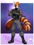 anthro armed big_ears big_tail black_body black_fur boots clothing dark_body dark_fur determined elbow_pads equipment eyebrows footwear fur gear gun jumpsuit knee_pads male military military_uniform orange_body orange_fur pose raised_eyebrow ranged_weapon red_body red_fur shoes solo tail uniform weapon tigerinspace charlie_(razumi) ailurid mammal red_panda 3:4 absurd_res hi_res pinup shaded