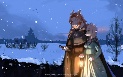2_horns 4_fingers anthro armor beard blonde_hair blue_eyes breasts cape carrying_another clothed clothing cloud detailed_background dress duo facial_hair female fingers fur hair holding_object horn lamp lantern long_ears looking_at_another male mature_anthro mature_female mature_male melee_weapon outside plant red_eyes sheathed_weapon side_view sky snow sword text tree weapon white_body white_fur 7oy7iger braveaustin undertale undertale_(series) asgore_dreemurr toriel boss_monster_(undertale) bovid caprine mammal 16:10 artist_collaboration detailed digital_media_(artwork) english_text hi_res widescreen