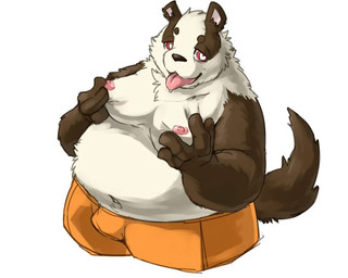 anthro belly black_nose bottomwear brown_body brown_fur bulge clothing fur kemono male moobs nipples overweight overweight_male shorts simple_background solo tongue tongue_out white_background white_body white_fur donguri badger mammal mustelid musteline 2015