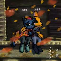 anthro big_eyes blue_body blue_fur boots clothing duo female footwear fur hand_over_shoulder inside_train leaf male male/female shoes smile wind yellow_body yellow_fur sean_serpentine night_in_the_woods gregg_lee mae_borowski canid canine domestic_cat felid feline felis fox mammal 1:1 absurd_res hi_res huge_filesize