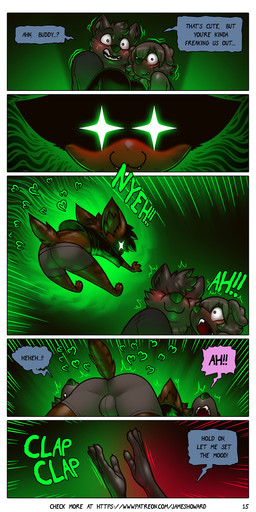 anthro dialogue female group male male/female male/male pounce text trio james_howard patreon alphonse_(james_howard) jill_(james_howard) richard_(james_howard) canid canine canis domestic_cat domestic_dog felid feline felis mammal wolf absurd_res comic english_text hi_res url