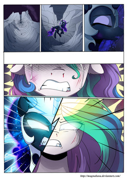 armor bared_teeth black_body black_feathers blood bodily_fluids cosmic_hair cutie_mark duo ethereal_hair eyes_closed feathered_wings feathers female feral fight glowing glowing_eyes hair hooves horn impact moon multicolored_hair open_mouth outside pseudo_hair space split_screen tears teeth text wings magnaluna friendship_is_magic hasbro my_little_pony mythology nightmare_moon_(mlp) princess_celestia_(mlp) equid equine mammal mythological_creature mythological_equine unicorn winged_unicorn absurd_res comic hi_res url