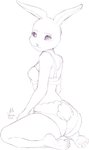 anthro bra butt clothed clothing feet female kneeling lingerie looking_at_viewer natural panties pose rear_view simple_background soles solo underwear underwear_only white_background ale_vananice beastars haru_(beastars) domestic_rabbit dwarf_rabbit lagomorph leporid mammal oryctolagus rabbit black_and_white full-length_portrait hi_res monochrome pinup portrait sketch