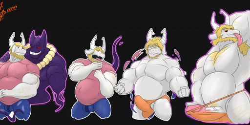 anthro armpit_hair beard belly big_penis black_sclera blonde_hair body_hair bulge chest_hair clothing corruption erection facial_hair fur genitals growth hair horn huge_penis male mature_male muscle_growth musclegut muscular muscular_male penis possession pubes purple_body red_eyes thong tongue tongue_out transformation underwear vein veiny_penis white_body white_fur rikuoxas nintendo pokemon undertale_(series) asgore_dreemurr bovid caprine generation_1_pokemon gengar goat mammal pokemon_(species) sequence