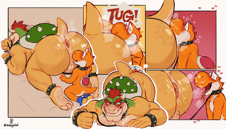 anal anthro anus balls collar feral genitals kissing leash leash_pull leashed_collar male male/male oral rimming rimming_male saliva_on_anus sex slave roseyskull mario_bros nintendo bowser koopa orange_yoshi scalie yoshi comic