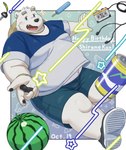 anthro belly big_belly black_nose blush bottomwear clothing food fruit humanoid_hands kemono male melon overweight overweight_male plant shirt shorts solo topwear watermelon maron2475 utau shirane_kan bear mammal polar_bear ursine 2022 absurd_res hi_res