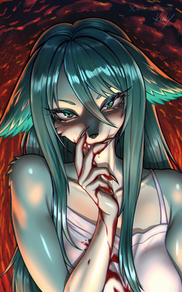 alternate_species anthro attractiveness bedroom_eyes blood bodily_fluids dangerous dark female female_anthro furrification green_hair hair horror_(theme) looking_at_viewer narrowed_eyes obsessed seductive solo teasing teasing_viewer yandere revvygrrrowls saya_no_uta saya_(saya_no_uta) alien canid canine mammal absurd_res colored detailed digital_drawing_(artwork) digital_media_(artwork) half-length_portrait hi_res portrait shaded