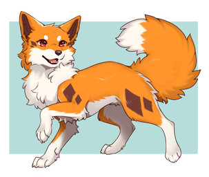 ambiguous_gender black_nose brown_inner_ear_fluff brown_markings countershading dipstick_tail facial_markings fangs feral fluffy fluffy_tail fur head_markings inner_ear_fluff looking_sideways markings open_mouth orange_body orange_ears orange_fur orange_tail paws pink_tongue pointy_ears prick_ears quadruped red_eyes side_view snout solo tail tail_markings teeth tongue tuft white_body white_fur white_paw white_tail_tip tsukune_minaga kitsuneinu canid canine canis domestic_dog mammal 2026 digital_media_(artwork) full-length_portrait hi_res portrait female_(lore)