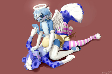 ambiguous_gender back_wings blush bodily_fluids clothed clothing diaper duo eyewear feces genital_fluids glasses half_naked halo legwear male pooping scatplay sitting sitting_on_another soiled_diaper soiling soiling_diaper thigh_highs unclean_diaper urine used_diaper using_diaper wearing_diaper wearing_glasses wet_diaper wings sonpop canid canine fox hybrid mammal mephitid skunk 3:2 hi_res