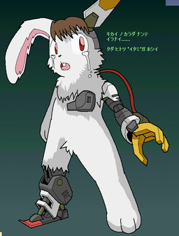 cybernetics fur kemono machine open_mouth prosthetic prosthetic_arm prosthetic_ear prosthetic_leg prosthetic_limb red_eyes solo text white_body white_fur kobuchi_(524koki) cyborg lagomorph leporid mammal rabbit 2010 japanese_description japanese_text