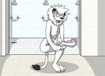 animal_genitalia anthro balls bathroom biped black_nose floor fur genitals human_to_anthro humanoid_genitalia male mane mid_transformation nude open_mouth pawpads penis pink_pawpads sheath shower solo species_transformation standing suit_transformation tile tile_floor transformation white_body white_fur fox0808 felid lion mammal pantherine 2014 colored