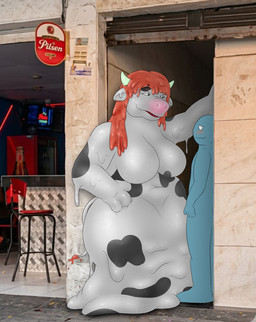 anthro blush breasts duo female hair horn lactamia legless liquid_hair male melting overweight pseudo_hair size_difference slime sticky tail swizy a_chance_encounter bovid bovine cattle goo_creature hybrid mammal absurd_res hi_res meme