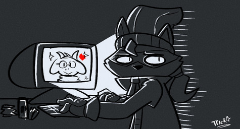 anthro beanie black_eyes black_nose clothing computer electronics fur furgonomics gaming gloves hair handwear hat headgear headwear heart_symbol jacket jacket_vest keyboard looking_away male motion_lines playing_video_game solo sparkles topwear vest zipper felino deltarune undertale_(series) ralsei trick_(tricktrashing) bovid caprine goat mammal procyonid raccoon 2022 greyscale monochrome spot_color
