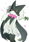 2023 3_fingers ambiguous_anthro ambiguous_gender anthro biped breath colored digital_media_(artwork) featureless_crotch felid feline fingers frill_(anatomy) front_view fur generation_9_pokemon green_body green_fur heart_symbol hearts_around_body hearts_around_head hi_res kemono leaf looking_at_viewer mammal mask meowscarada multicolored_body multicolored_fur navel neck_frill nintendo nude osakanafestibal pink_eyes pink_nose pokemon pokemon_(species) portrait pupils shaded simple_background slim slim_anthro solo standing three-quarter_portrait two_tone_body two_tone_fur white_background