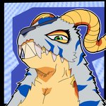 1:1 1_eye 2023 2_horns animal_skin anthro bandai_namco black_nose blue_background blue_body blue_fur bust_portrait devious devious_grin digimon digimon_(species) digital_drawing_(artwork) digital_media_(artwork) eye_patch eyewear fur gabumon garabumon green_eyes half-closed_eyes headshot_portrait hi_res horn lego_tepi looking_at_viewer looking_back male multicolored_body multicolored_fur narrowed_eyes pecs portrait scales scalie sharp_teeth shit_eating_grin simple_background smile smug smug_face smug_grin solo spiral_horn striped_body striped_fur stripes teeth two_tone_body two_tone_fur vein white_body white_fur yellow_body yellow_horn yellow_scales