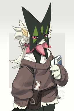 accessory ambiguous_gender anthro bag biped book braided_fur braided_hair brown_clothing brown_sweater brown_topwear clothing collared_shirt dress_shirt front_view fur geometric_background green_body green_fur hair hair_accessory hairclip holding_book holding_object looking_at_viewer mask oversized_clothing paws ponytail red_eyes shirt simple_background solo standing sweater topwear wearing_mask yuureii nintendo pokemon felid generation_9_pokemon mammal meowscarada pokemon_(species) 2026 digital_drawing_(artwork) digital_media_(artwork) hi_res signature
