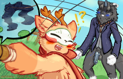 accident accidental_exposure animal_genitalia animal_penis assisted_exposure balls blush bottomless bottomwear canine_genitalia canine_penis clothed clothing embarrassed fishing fishing_rod genitals hook knot lake lily_pad mask pants penis plant suit frist44 fabulous_beasts diting_(fabulous_beasts) sibuxiang_the_deer_(fabulous_beasts) canid canine deer mammal 2025 hi_res