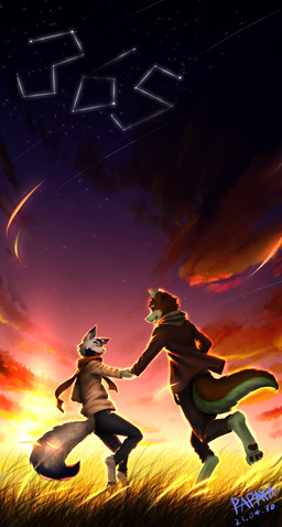 anthro blue_body blue_fur brown_body brown_clothing brown_eyes brown_fur brown_topwear clothed clothing cloud duo eyes_closed fur glistening glistening_eyes grass green_body green_fur happy head_tuft male open_mouth open_smile outside plant sky smile star sunset tan_clothing tan_topwear topwear tuft white_body white_fur papayafurry canid canine canis mammal wolf 2021 absurd_res dated hi_res signature