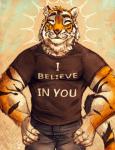 5_fingers anthro black_stripes bottomwear clothed clothing denim denim_bottomwear denim_clothing eyes_closed fingers fully_clothed fur hand_on_hip happy jeans male motivational_art motivational_poster orange_body orange_fur pants pink_nose pose shirt simple_background smile solo standing stripes text topwear whiskers white_body white_fur noviraine felid mammal pantherine tiger english_text