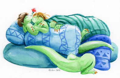 3_toes 4_fingers arms_bent blue_pillow body_pillow brown_hair claws duo feet female fingers flower green_body hair hands_together holding_object lying lying_on_another male male/female nose_to_nose orange_claws orange_hair pillow plant short_tail simple_background snout sprawling_gait tail tapering_tail teal_pillow text thick_tail toes white_background cervelet liz_(growing_troubles) simon_(growing_troubles) lizard lizard_taur long_taur reptile reptile_taur scalie scalie_taur taur 2022 comic english_text handwritten_text icon multiple_scenes painting_(artwork) shaded signature traditional_media_(artwork) traditional_painting_(artwork) traditional_watercolor_(artwork) watercolor_(artwork)