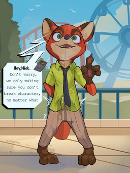 3_toes 4_fingers accessory amusement_park anthro black_nose bodily_fluids claws clothed clothing costume cum cum_in_clothing cum_through_clothing detailed_background dialogue feet fingers genital_fluids green_eyes male mascot necktie open_mouth orange_body solo speech_bubble standing text toes wet wet_clothing zukzone disney zootopia nick_wilde canid canine fox mammal red_fox true_fox 2025 3:4 digital_media_(artwork) english_text