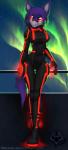 anthro big_breasts biped boots breasts clothed clothing female footwear fur hair long_hair night purple_body purple_fur purple_hair red_eyes shoes sky smile solo standing star thigh_gap tight_clothing tron_clothing wide_hips macmegagerc tron nexus_akanuva unknown_species 2015 hi_res