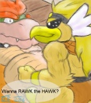 anthro beak biceps clothing duo eyewear male male/male muscular speedo sunglasses swimwear underwear gs mario_bros nintendo paper_mario paper_mario:_the_thousand_year_door bowser rawk_hawk avian bird koopa scalie low_res