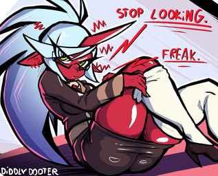 angry anime_style bangs big_breasts big_butt black_clothing black_footwear black_high_heels bottomwear breasts butt clothing clothing_pull cute_fangs embarrassed eye_through_hair eyewear fangs female floppy_ears footwear frown glasses grumpy hair high_heels horn humanoid_pointy_ears insult knee_highs knee_socks legwear long_ears long_hair long_horn looking_at_viewer necktie pencil_skirt pointy_ears ponytail red_body red_skin sharp_teeth shoes simple_background sitting skirt socks solo spiky_hair suit suit_jacket teeth text thick_thighs translucent translucent_hair undressing unicorn_horn wearing_glasses white_hair wide_hips yellow_eyes diddlydooter1 panty_and_stocking_with_garterbelt kneesocks_daemon demon horned_humanoid humanoid artist_name digital_drawing_(artwork) digital_media_(artwork) hi_res signature young_(lore)