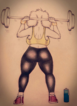 anthro barbell big_ears bottle bra clothing container exercise female rear_view solo sports_bra tight_clothing underwear water_bottle workout bredlaybagordh olannah canid canine canis domestic_dog mammal full-length_portrait hi_res portrait traditional_media_(artwork)
