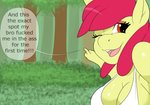 anthro big_breasts breasts cleavage clothed clothing dialogue female gesture hand_gesture one_eye_closed outside plant pointing profanity solo text tree wink hunnihoodie friendship_is_magic hasbro my_little_pony apple_bloom_(mlp) equid equine horse mammal pony english_text