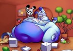 accessory ambiguous_gender anthro blue_body blue_fur box clothing collar container cupcake detailed_background duo ear_cuff ear_piercing ear_ring feet food food_fetish fur furgonomics hair handpaw hat head_tuft headgear headwear hindpaw inside messy morbidly_obese morbidly_obese_anthro obese obese_anthro overweight overweight_anthro pawpads paws piercing plant plant_pot potted_plant ring_piercing sitting tail tail_accessory tight_clothing trash_can tuft white_body white_fur spleeep moshi_monsters fan_character felid feline katsuma_(species) mammal monster_(moshi_monsters) hi_res