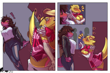 3_panel_comic age_difference anthro armwear blush bottomwear bow_(feature) bow_ribbon breasts brown_hair buckteeth caught_in_the_act clothed clothing cosplay denim denim_bottomwear denim_clothing dress elbow_gloves erection eyewear female frilly frilly_clothing genitals glasses gloves group hair handwear interrupted jeans legwear male male/female non-mammal_breasts older_female pants penis public public_sex purple_body purple_scales scales sex stealth_sex stockings student tail teacher teacher_and_student teeth thigh_highs trio yellow_body yellow_scales younger_male kristhianquint4 deltarune lobotomy_corporation project_moon undertale_(series) alphys kris_dreemurr susie_(deltarune) the_queen_of_hatred human lizard mammal reptile scalie 2026 absurd_res comic hi_res