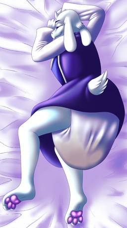 anthro bed big_diaper bodily_fluids clothing diaper dress female furniture genital_fluids huge_diaper lying on_bed pawpads sleeping soiled soiled_diaper solo unclean_diaper urine used_diaper wet wet_diaper deviantdaredevil undertale_(series) toriel bovid caprine goat mammal monster hi_res