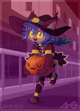 amber_sclera ambiguous_gender anthro blue_eyes blue_hair cape catwalk clothed clothing costume detailed_background food fruit hair holding_object holidays inner_ear_fluff jack-o'-lantern looking_at_viewer orange_sclera plant pumpkin running smile solo text tuft uwu young avolicis halloween oneshot niko_(oneshot) domestic_cat felid feline felis mammal 2022 absurd_res artist_name digital_media_(artwork) hi_res pixel_(artwork)