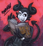 2_horns 4_fingers abstract_background black_body black_sclera black_skin book bottom_heavy bow_tie eyelashes femboy fingers horn huge_hips huge_thighs long_tail male open_mouth open_smile pointed_tail reading reading_book smile solo tail text thick_thighs white_eyes wide_hipped_humanoid wide_hipped_male wide_hips parasitedeath bible el_diablo_(parasitedeath) demon demon_humanoid horned_humanoid humanoid tailed_humanoid 2025 artist_name graphite_(artwork) marker_(artwork) traditional_media_(artwork) watermark