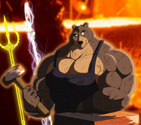 anthro brown_body brown_fur fur glowing hammer male melee_weapon multicolored_body multicolored_fur muscular muscular_anthro muscular_male polearm solo spear tools trident two_tone_body two_tone_fur weapon xxsparcoxx european_mythology greek_mythology mythology hephaestus_(deity) hephaestus_(xxsparcoxx) bear mammal 2017 digital_media_(artwork)