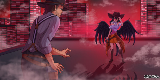 bare_shoulders beard black_clothing black_hair black_hat black_headwear black_tail black_wings blue_clothing blue_shirt blue_topwear blush boots bottomwear breasts brown_boots brown_clothing brown_footwear brown_hat brown_headwear building clothed clothed_female clothed_human clothed_humanoid clothed_male clothing cowboy cowboy_boots cowboy_hat duo facial_hair feathered_wings feathers female female_humanoid footwear fully_clothed fully_clothed_female fully_clothed_human fully_clothed_humanoid fully_clothed_male green_eyes gun hair handgun hat headgear headwear holster kerchief looking_at_another male male_human neckerchief neckwear on_roof orange_bottomwear orange_clothing orange_eyes orange_skirt pants ranged_weapon rooftop shirt shoes skirt skyscraper standing suspenders tail topwear weapon western wide_stance wild_west wings bmkro red_dead_(series) rockstar_games touhou arthur_morgan saki_kurokoma animal_humanoid equid equid_humanoid human humanoid mammal mammal_humanoid pegasus_humanoid winged_humanoid 2022 2:1 crossover hi_res