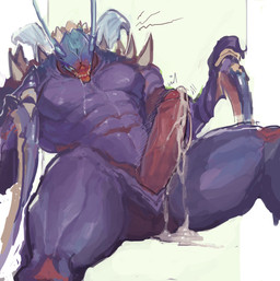 abs antennae_(anatomy) anthro blush bodily_fluids cum drooling ejaculation erection genital_fluids genitals male muscular muscular_anthro muscular_male muscular_thighs nude pecs penis pupils saliva serratus simple_background sitting slit_pupils solo white_background wings anmei_ftnn league_of_legends riot_games tencent kha'zix_(lol) arthropod insect void_monster voidborn absurd_res hi_res