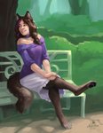 bench brown_body brown_fur brown_hair claws clothing collar dress female fur hair highlights_(coloring) outside pawpads purple_clothing purple_highlights purple_shirt purple_topwear shirt sitting smile solo topwear amber-aria animal_humanoid canid canid_humanoid canine canine_humanoid humanoid mammal mammal_humanoid wolf_humanoid 2021 hi_res