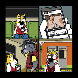 anal anal_penetration backsack balls base_two_layout blush bodily_fluids duo electronics four_frame_grid four_frame_image fur genitals grey_body grey_fur grid_layout humiliation inside_train looking_at_porn male male/male penetration phone pornography public public_humiliation public_transportation regular_grid_layout solo sweat sweatdrop train train_station two_row_layout vehicle yellow_body yellow_fur gabshiba gab_(comic) gab_shiba canid canine canis domestic_dog mammal shiba_inu spitz wolf 1:1 comic multiple_images multiple_scenes