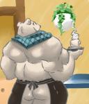 anthro big_muscles black_nose butt clothed clothing detailed_background fur huge_muscles inside light looking_at_viewer looking_back male muscular muscular_anthro muscular_male plant rear_view solo toony topless white_body white_fur signirsol shirokuma_cafe shirokuma bear mammal polar_bear ursine 2013 colored hi_res shaded